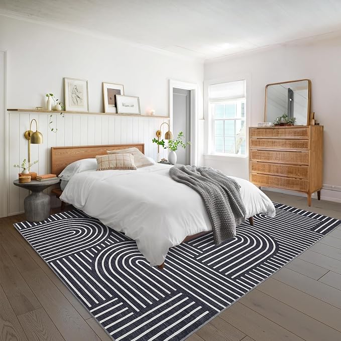 ROYHOME Modern Washable Rug 5x7 Area Rugs for Living Room Non Slip, Black | Abstract Rug for Bedroom, Rainbow Throw Rugs with Rubber Back, Low Pile Stain Resistant Boho Geometric Carpet for Dining Room