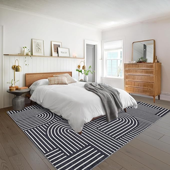 ROYHOME Modern Washable Rug 9x12 Area Rugs for Living Room Non Slip, Black | Abstract Rug for Bedroom, Rainbow Throw Rugs with Rubber Back, Low Pile Stain Resistant Boho Geometric Carpet for Dining Room