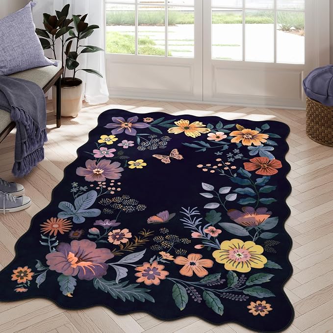 Lahome Floral Washable Rugs for Bedroom, 4X6 Area Rug Soft Living Room Rug | Ultra-Thin Non-Slip Classroom Rug Stain Resistant Boho Low-Pile Throw Carpet for Office Flore (4x6ft, Purple)