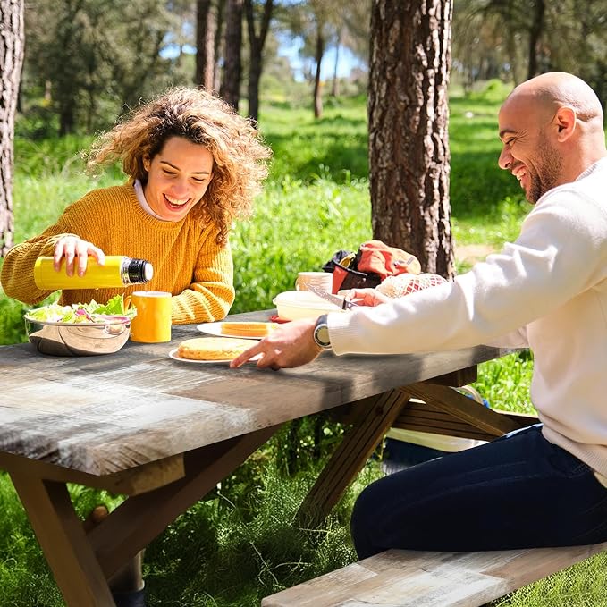 Brown Beige Painting Picnic Table Cover with Bench Covers, Grey Office Contemporary Abstract Outdoor Camping Essentials 6FT 3PCS Fitted Rectangle RV Must Haves Tablecloth with Drawstring Bag