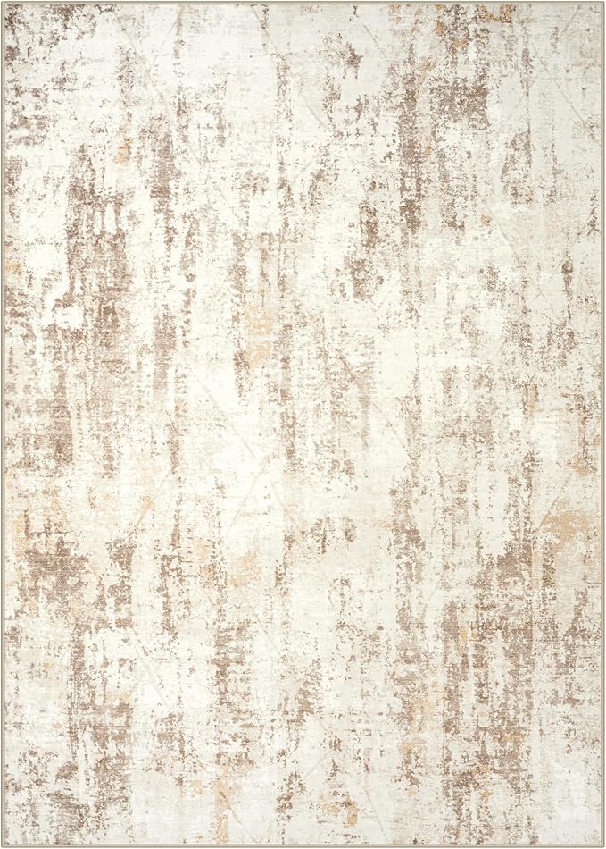 8x10 Area Rugs for Living Room: Washable Abstract Beige Grey Badroom Carpet | Non-slip TPE backing makes this washable soft low-pile rug safe & durable, Pet-friendly decor for dining room,nursery,office