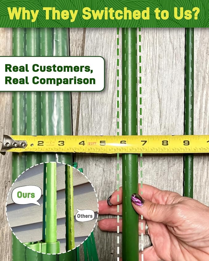 10 Pack 8FT Garden Stakes with Clips & Ties, 0.78" Steel Core Plastic Covered Plant Support Stakes for Tomatoes, Vegetables & Climbing Plants