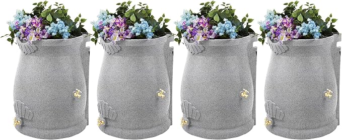 Good Ideas Rain Wizard 50 Gallon Rain Saver Barrel Water Storage Urn with Planter Space and 2 Brass Spigots, Light Granite (4 Pack)