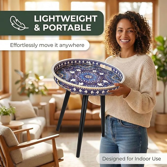 Gesodant Plastics Tray with Detachable Three Wooden 17.7 Inch Legs, Versatile Side Table with Tray Design, Perfect for Coffee, Tea, and Relaxation Time- Bohemian-Style (Purple Blue Flowers)