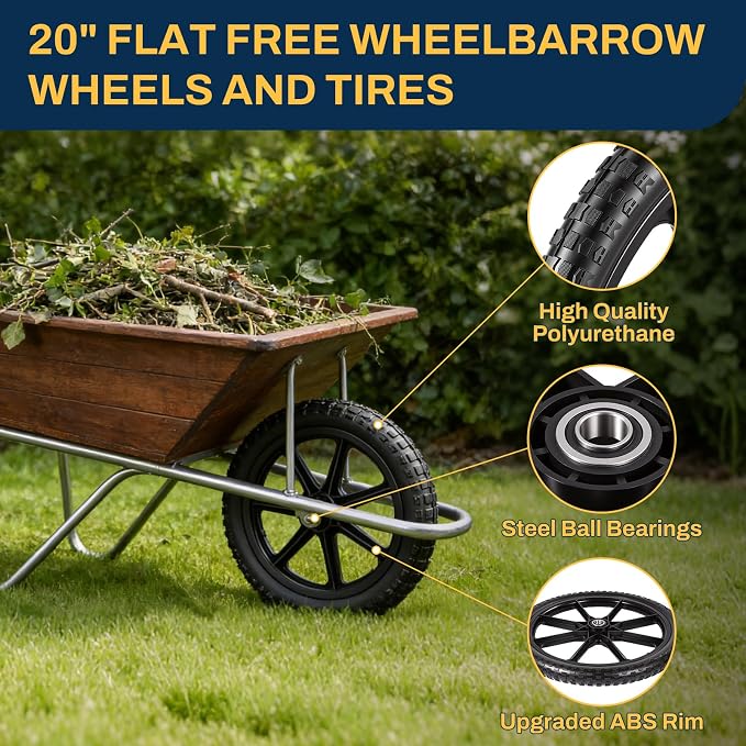 20" Flat Free Tire and Wheel, with 3/4" & 5/8" Bearing, 2.45" Centered Hub, Replacement Wheels for Rubbermaid Wheelbarrow,Lawn Carts, Big Wheel Utility Carts and Garden Yard Cart, 2 Pack