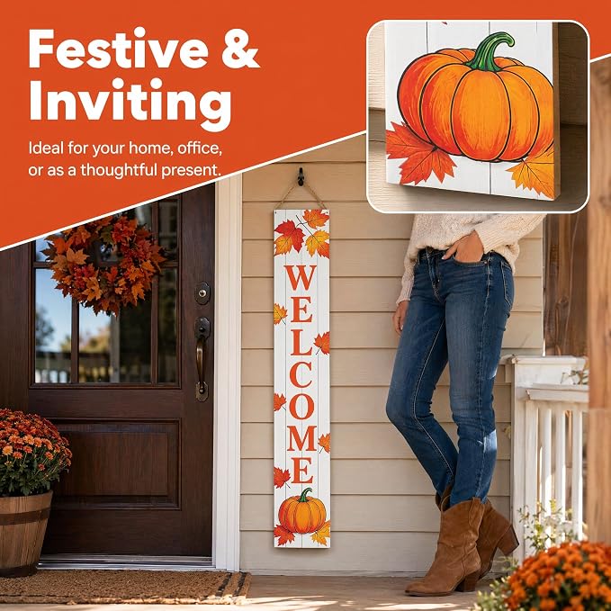 Fall Welcome Porch Sign | Vertical Wooden Welcome Sign with Pumpkin & Maple Leaves | Farmhouse Autumn Thanksgiving Harvest Decor | Front Door Indoor/Outdoor Home Decoration