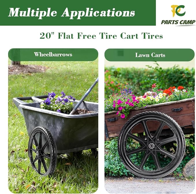 Parts Camp 20" Flat Free Tire Cart Wheels Replacement Rubbermaid Wheelbarrow Wheels Garden Cart Replacement Wheel With 5/8" 3/4" Bearing For Utility Carts/Lawn Cart/Wheelbarrow 2PACK