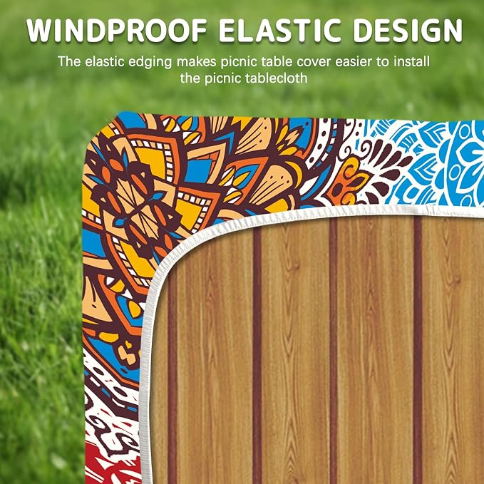 Picnic Table Cover with Bench Covers Elastic Edges, 3 Pcs Mandala Fitted Table Cover with Drawstring Bag, Waterproof Windproof Aesthetic Camping Tablecloth, Outdoor Camping Essentials 72 Inch
