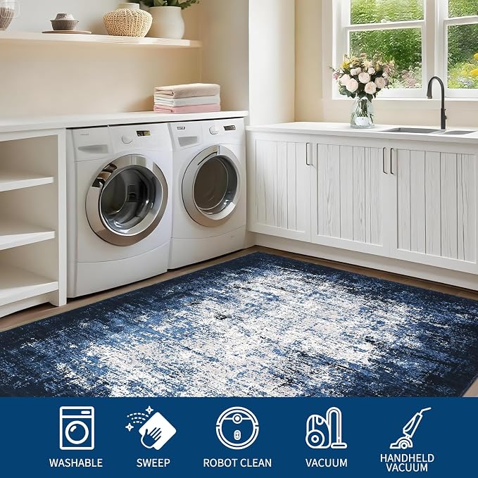 GarveeHome Entryway Rug 2x3 Washable Modern Abstract Small Blue | Non-Slip Backing, Stain-Resistant Low Pile Floor Cover, Colorful Indoor Mat, Bedroom, Kitchen, Laundry