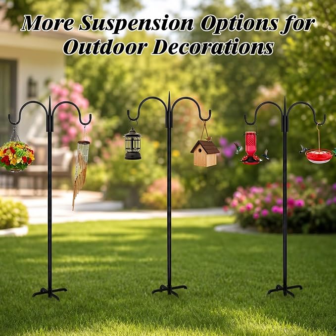 FEED GARDEN Heavy Duty Shepherds Hook 2 Pack 76" Double Hooks Adjustable (44/60/76") - Metal 5-Prong Base, 17lb Capacity - Easy Assembly Bird Feeder Pole for Hanging Planters, Lanterns, Wind Chimes
