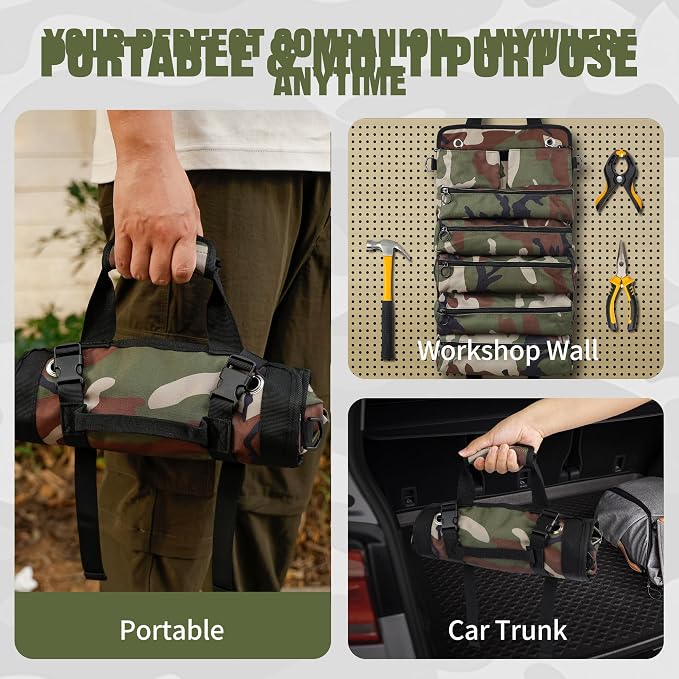 Portable Foldable Roll Up Tool Bag, Heavy Duty Tool Organizer Bag with 5 Compartments & 2 Detachable Pouches for Tools Storage, Waterproof Tool Roll Bag for Dad Men Electrician Gifts