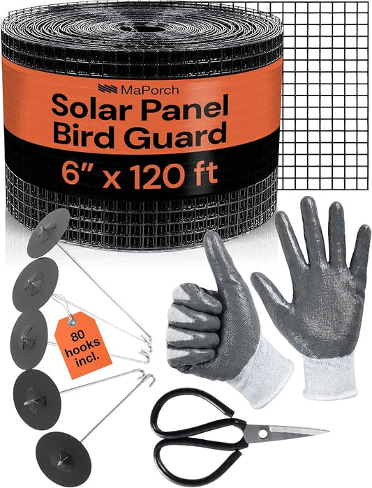 MaPorch Solar Panel Bird Guard Mesh Screen - 6 in x 120 ft Black PVC Coated Galvanized Steel - Solar Panel Netting Mesh - Includes 80 Clips, Scissors & Gloves for Easy DIY Install | With 80 Fasteners, Gloves & Scissors - PVC Coated Wire Screen - Water ...