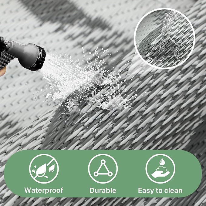 GENIMO Waterproof Outdoor Rug 6' x 9' for Patio Decor, Reversible Plastic Straw Area Rugs for Camping Clearance, RV Mat, Large Outside Carpet for Porch, Deck, Picni, Balcony, Garden, LightGrey & White