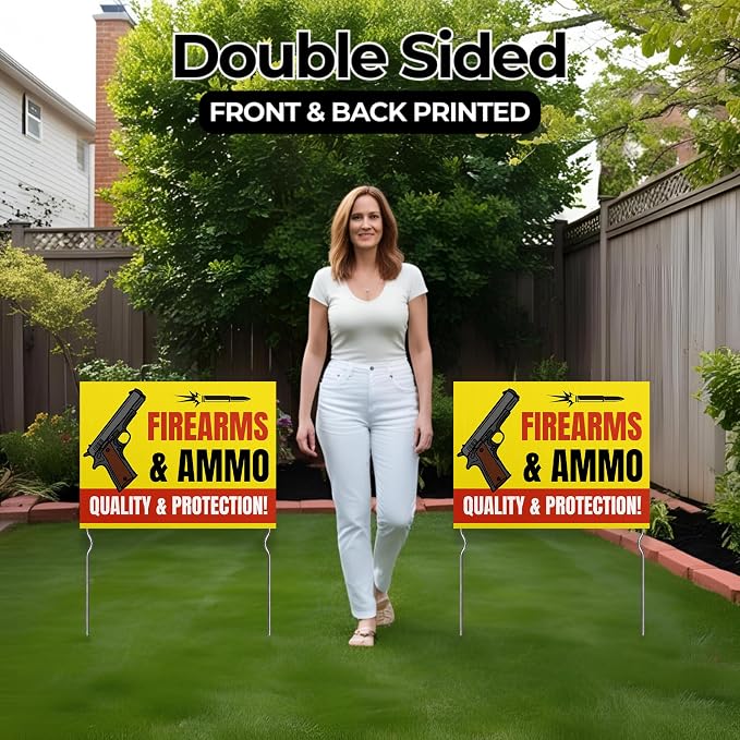 Firearms & Ammo - Quality & Protection! Yard Sign by DC | 24"x18" Double Sided Conv. Store Garden Sign with 13” Metal Stakes | Outdoor Signs Waterproof for Lawn, Patio, Sidewalk & House | Set of 3