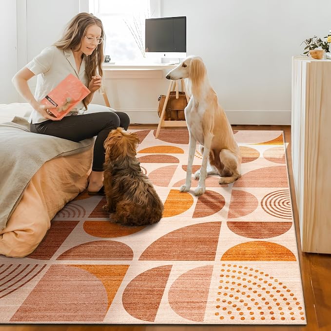 Boho Rug Washable,4x6.5 Area Rugs for Bedroom Living Room Bedside Office,Throw Floor Carpet Non Slip Soft Indoor Modern Abstract Bohemian Orange