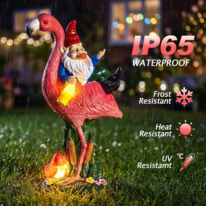 Candieslife Middle Finger Gnome Riding Flamingo 13in, Funny Garden Statue Solar Powered Outdoor Yard Decor with LED Beer Bottle & Mushrooms, Waterproof Naughty Lawn Ornament Gag Gift for Patio, Porch