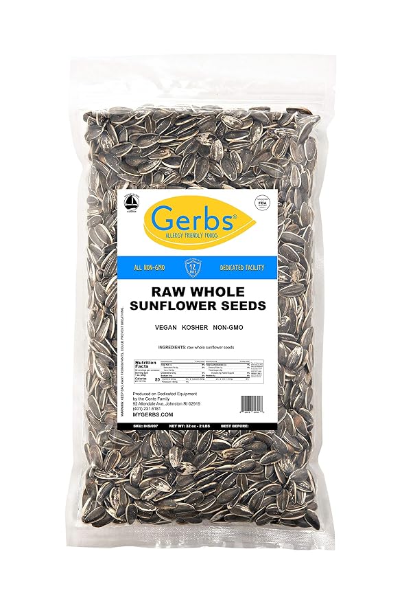 Gerbs Raw Whole Sunflower Seeds 2 lbs. | In-Shell, No Artificial Additives, Resealable Bag | Crack-and-Eat Crunchy Snack | Top 14 Allergen-Free