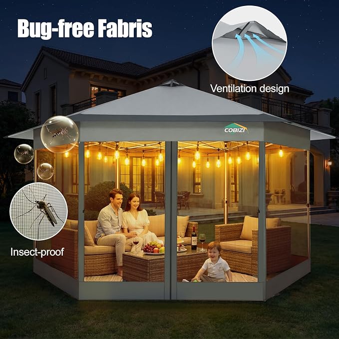 COBIZI 14x14 Pop Up Gazebo Tent with Mosquito Netting, Gazebos on Clearance, Hexagonal Outdoor Canopy Shelter, Patented Center Lock 6-Sided Portable Gazebos, Pop Up Canopy Tent for Backyard, White