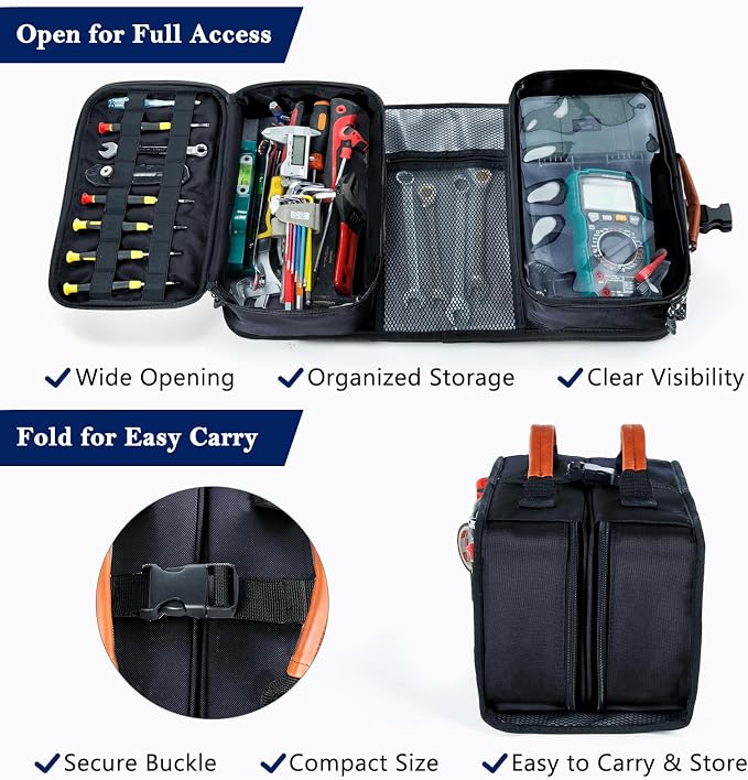 Heavy Duty Tool Bag Organizer with Clear Lid Compartments for Electrician, Portable Tool Organizer Case for Multimeter, Diagnostic & HVAC Repair Tools, Roll Up Tool Bag Organizer