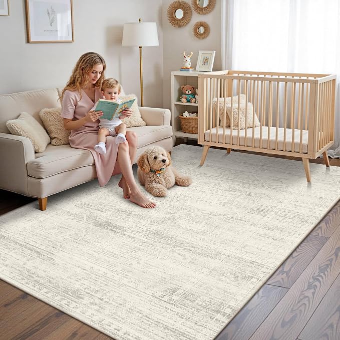 Latte&Fog Vintage 5x7 Washable Neutral Area Rugs, Ivory Rug for Living Room | Non Slip Low Pile Soft Floral Cute Carpet for Dining Kitchen Kids Playroom Nursery Guest Room Classroom Dorm Farmhouse Office