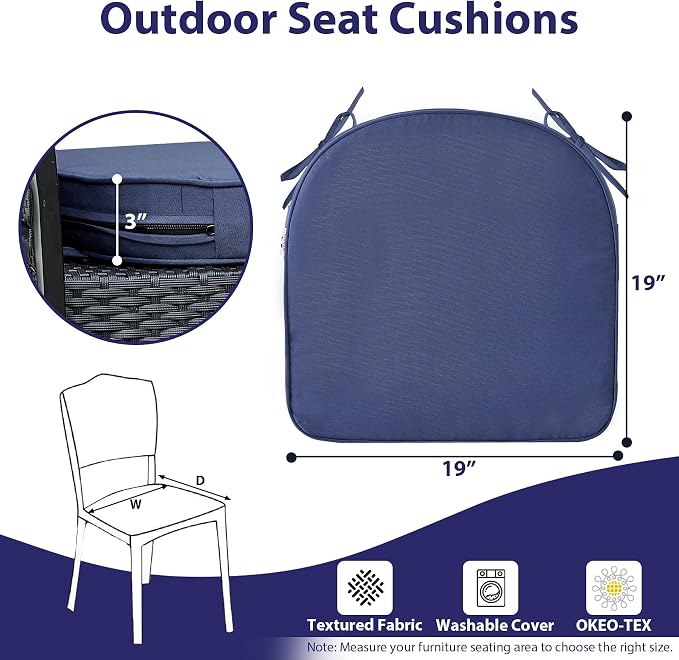 IPYNBAP Outdoor Chair Cushions Set of 4 -Waterproof Outdoor Seat Cushions for Patio Furniture, Patio Chair Cushion with Handle and Ties, Out Door Chair Pads,19x19x3-Round, Navy Blue