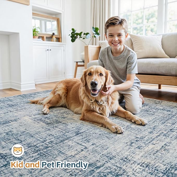 6x9 Washable Area Rug for Living Room Bedroom: Non-Slip Modern Blue Gold | Machine Washable TPR Backing, Stain-Resistant Low Pile, Pet & Kid Friendly, Abstract Decor for Dining Room, Dorm, Home Office
