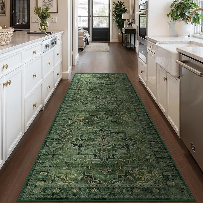 Retro Green 3x8 Rug Runners for Entryway Non Slip, Distressed Medallion Carpet Runners for Hallway 8ft, Low Pile Thin Runner Rug Non Slip Washable for Kitchen/Foyer/Mudroom/Bedroom