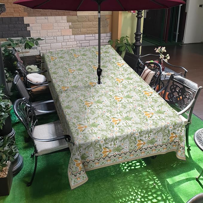 Green Outdoor Tablecloth with Umbrella Hole 60" x 120" Waterproof Zipper Table Cloth for Garden - Ideal Patio Table Cover for Picnics, Camping, and Yard Use