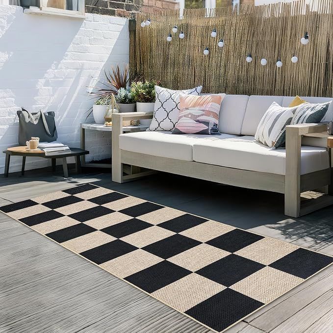 GarveeHome Checkered Easy Jute Runner Rug 2x6 Non-Slip Machine Washable Stain Resistant Indoor Outdoor Rugs for Living Room, Bedroom, Kitchen, Dining, Patio - Farmhouse Style Black