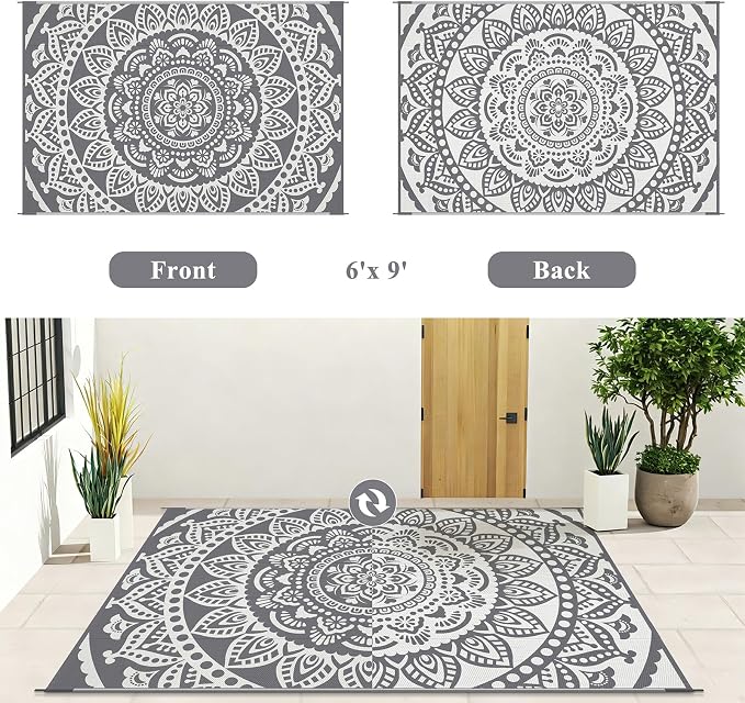 Bsmathom Waterproof Outdoor Rug 6'x9' Reversible Boho Plastic Straw Patio Deck Camping Rugs, Indoor Outdoor Portable RV Mat Clearance Carpet for Outside, Porch, Balcony, Backyard, Beach, Pool,Grey