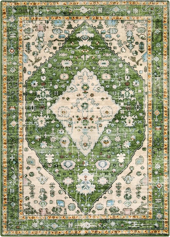 Lahome Felice Boho Tribal Area Rug - 4x6 Green Machine Washable Bedroom Rugs for Living Room, Disstressed Soft Non Slip Indoor Nursery Floor Mat Carpet for Kitchen Table Home Office Camper RV Bar