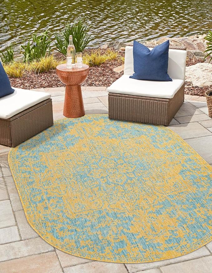Unique Loom Jill Zarin Jill Zarin Outdoor Collection Area Rug - Dubai (7' 10" x 10' Oval, Yellow and Aqua/Light Blue)