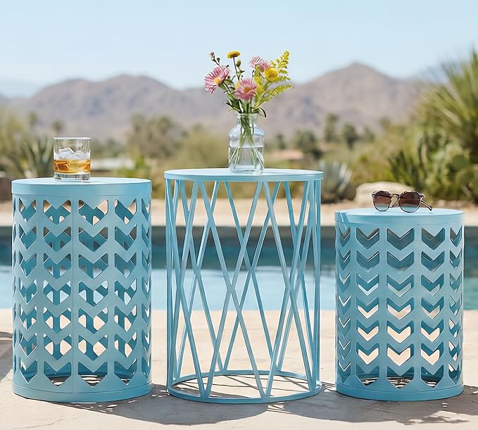 Y&M Set of 3 Stacking Coffee Table for Living Room, Patio Side Table,Indoor End Tables for Bedroom, Outdoor Decorative Garden Stool with Heavy Duty Metal Frame Modern Industrial Decor - Light Blue