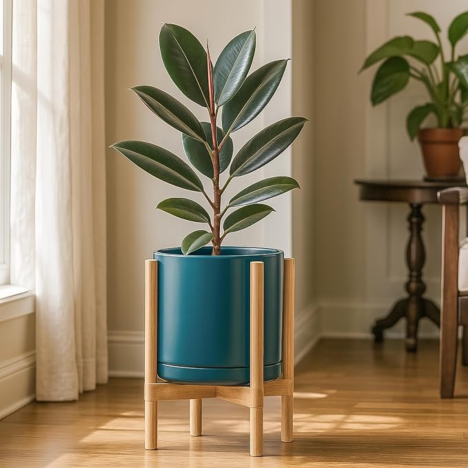D'vine Dev Ceramic Planter with Natural Stand - 12 Inch Modern Round Flower Pot with Wood Planter Holder, Teal, 55-B-J-4