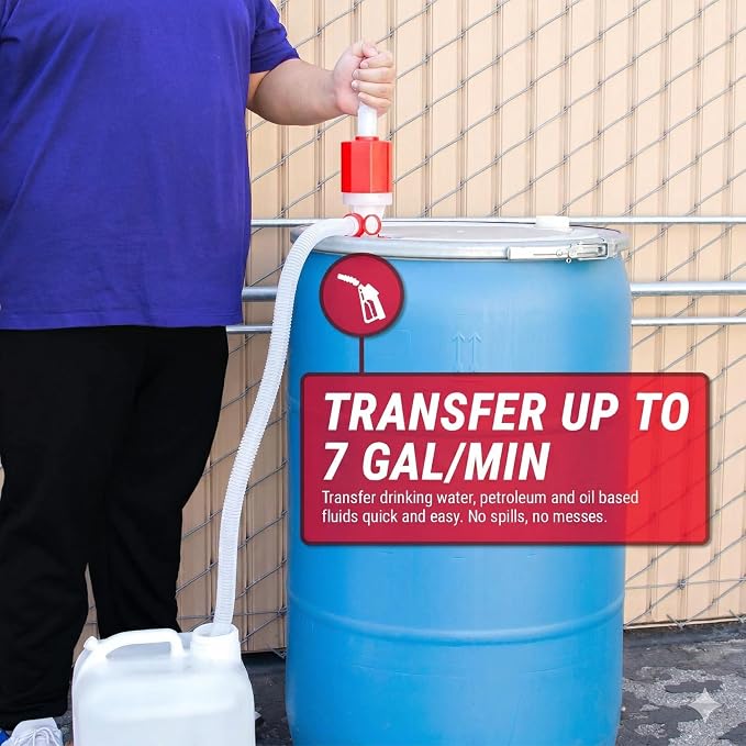 Hand Operated Drum Pump - Food Grade - BPA Free - Emergency Disaster - 55 to 5 -Gallon Drum Pump - Heavy Duty Barrel Siphon - Drinking Water Hand Pump - (7.0 Gallon Per Minute) - (Manual). Made in USA