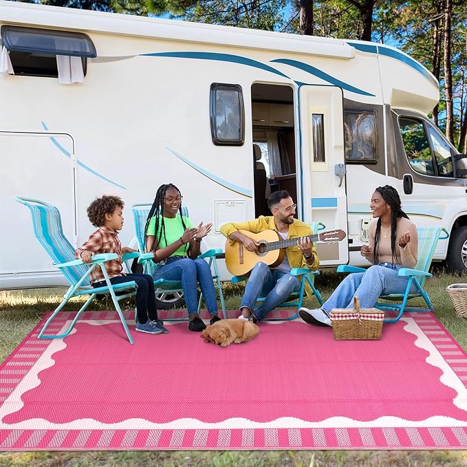 Garvee Scalloped RV Rugs for Outside 9x18 Patio Rugs Outdoor Waterproof, Modern Border UV Resistant Reversible Rug, Foldable Plastic Straw Carpet for Picnic, Backyard, Porch, Beach, Camper, Hot Pink