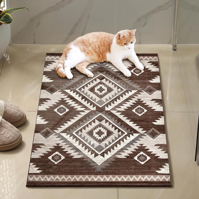 YHSF South West Native Tribal American Rug Ritz - Espresso, 2 ft x 3 ft | Native American Indian Inspired Rug - Living Room, Bedroom, Hallway, Entryway & High-Traffic Area Rugs - Washable - Soft