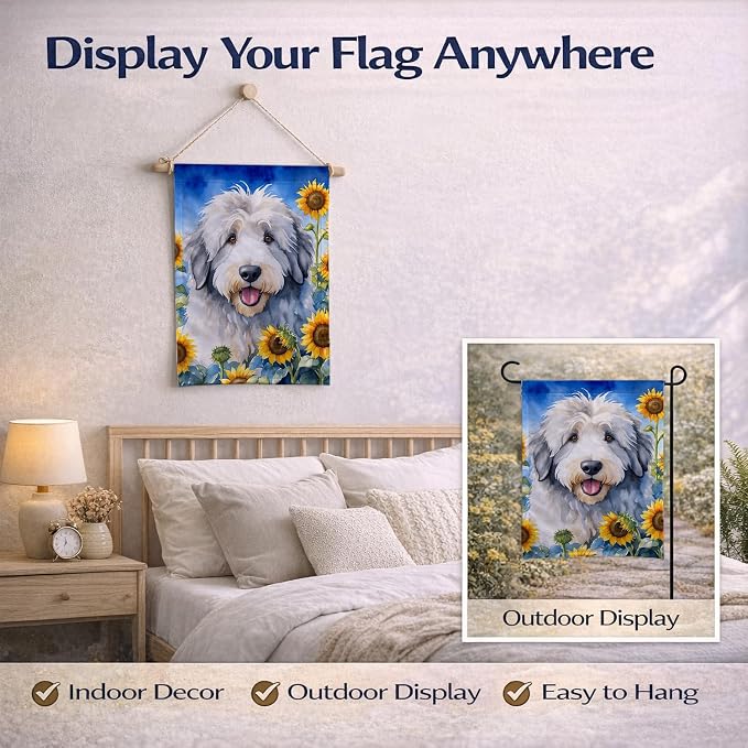 Caroline's Treasures DAC6129GF Old English Sheepdog in Sunflowers Garden Flag Mailbox Flag Decorative Yard Flag Banner Outside Patio Artwork Yard Flower Beds, Garden Size, Multicolor