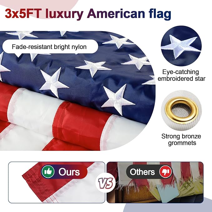 Flag Pole Kit - Includes 5ft Heavy Duty Tangle Free Flagpole,3x5 Embroidered American Flag, Metal Aluminum Holder Bracket,for Outside House,Porch,Outdoor - White