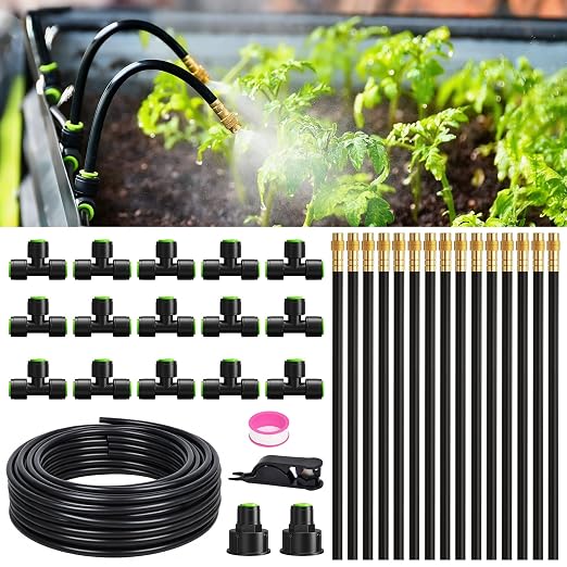 RAINPOINT 50FT Drip Irrigation System, Garden Watering Kit with 15pcs 360°Adjustable Copper Nozzles, Automatic Atomizing Watering Sprinkler System for Greenhouse, Lawn, Raised Beds, Outdoor Plants