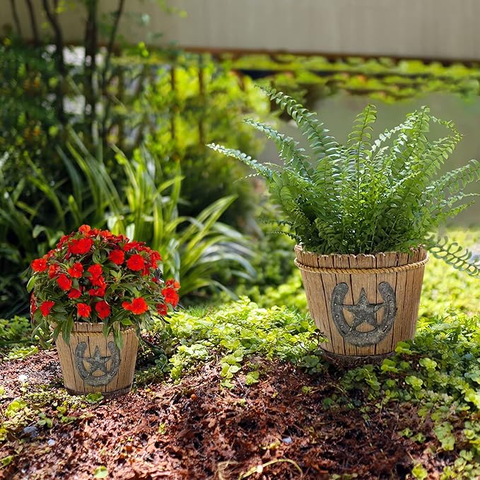 Western Cowboy Horseshoe Retro Plantpot Resin Flowerpots with Drainage Holes Garden Outdoor Home Decoration (Set of 2) | Drainage Holes, Indoor Outdoor, Garden Home Decoration