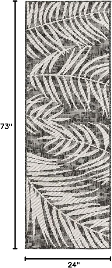 Unique Loom Outdoor Botanical Collection Area Rug - Palm (2' x 6' 1" Runner, Charcoal/ Ivory)
