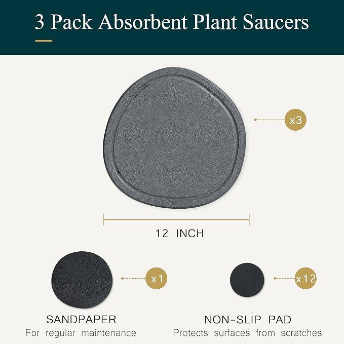 12 Inch 3 Pcak Diatomite Plant Saucers for Indoors Outdoors, Flower Plant Pot Saucers Drainage Trays to Catch Water, Diatomaceous Earth Planter Plates Water Catcher Drip Trays, Stone Dark Grey