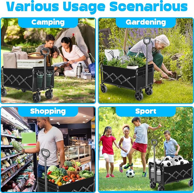 Wagons Carts Foldable,280lbs Collapsible Wagon Foldable Wagon with Wheels, Portable Folding Cart for Camping, Picnic,Beach, Groceries,Outdoor Sports,Shopping (Black)