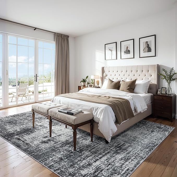 PLHXFR Area Rug Living Room: 4x6 Abstract Washable Carpet Dark Black | For Bedroom Dining Room Farmhouse Nursery Home,Machine washable,Non Slip,Large Soft Neutral,Stain Resistant, Indoor Floor