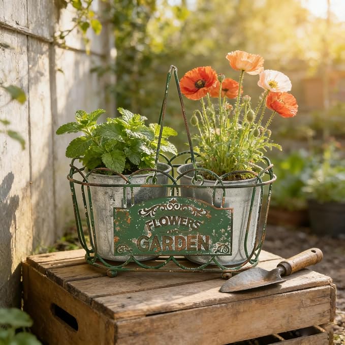 Vintage Green Iron Planter Basket with 2 Metal Flower Pots - Rustic Farmhouse Plant Holder for Indoor Outdoor Balcony, Window Sill, Tabletop Decor (Green#3)