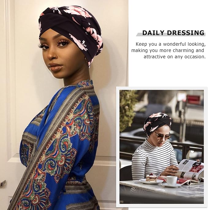 DRESHOW African Women Turban Caps Beanie Twist Headscarf Pre-Tied Twisted Braid Headwraps for Women Chemo Cancer Cap