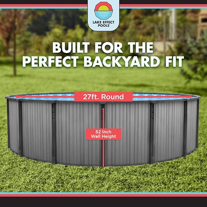 Lake Effect Pools 'Bora Bora' 27 ft Round Above Ground Swimming Pool | 52 Inch Resin Protected Steel Sided Walls | Bundle Includes: 25 Gauge Overlap Liner & Widemouth Skimmer