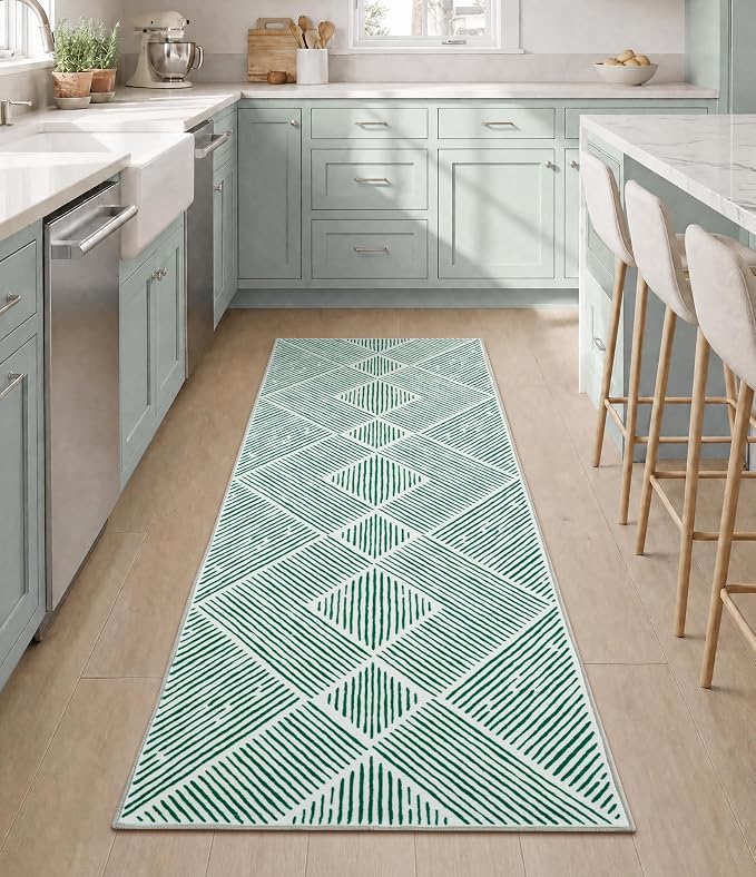 2‘x6' Washable Green Geometric Runner Rug for Kitchen Hallway | Non-Slip, Low Pile, Stain Resistant, Mid Century Modern Runner Long Rug for Entryway Bedroom