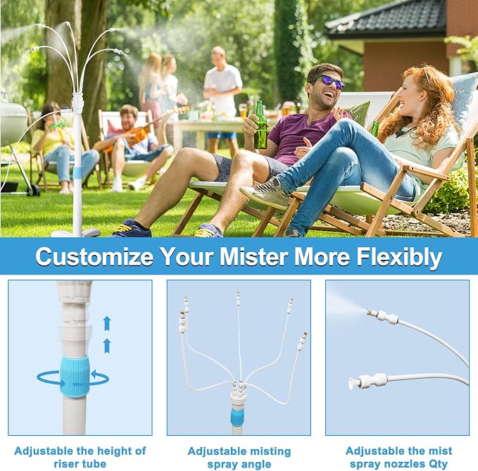 Misters for Outside Patio, Standing Misting Cooling System, Portable Water Mist Hose Kit for Outdoor, Adjustable Height & 5 Spray Nozzles for Backyard BBQ Cool Pool Tanning Garden Kids Having Fun.